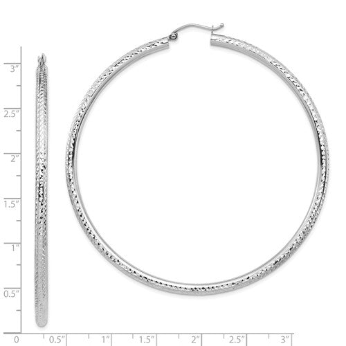 14K White Gold 74mm x 3mm Extra Large Diamond Cut Round Classic Hoop Earrings