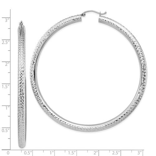14K White Gold Diamond Cut Round Hoop Earrings 70mm x 4mm