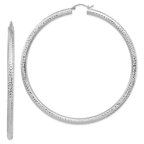 14K White Gold Diamond Cut Classic Round Hoop Earrings Extra Large Diameter 80mm x 4mm