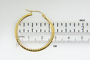 14K Yellow Gold Diamond Cut Round Hoop Textured Earrings 30mm x 2mm