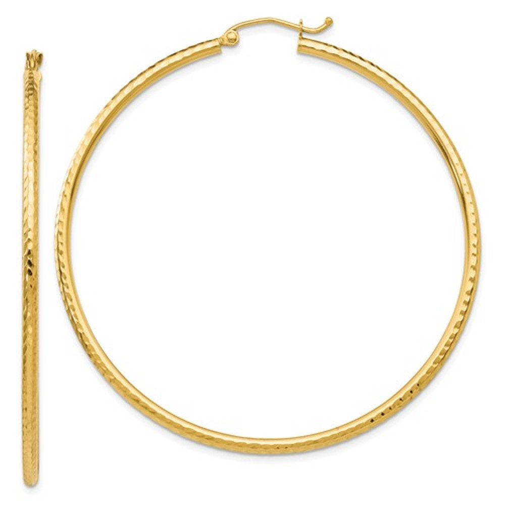 14K Yellow Gold Diamond Cut Round Hoop Textured Earrings 55mm x 2mm