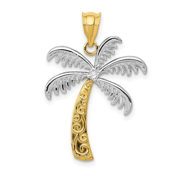 14K Yellow Gold and Rhodium Two Tone Diamond Palm Tree Pendant Charm