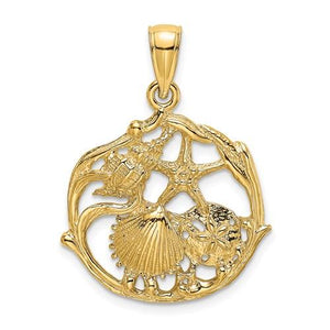 14k Yellow Gold Sand Dollar Starfish Scallop Clam Conch Shell Pendant Charm