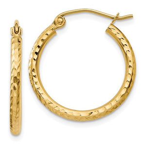 14K Yellow Gold Diamond Cut Round Hoop Textured Earrings 20mm x 2mm