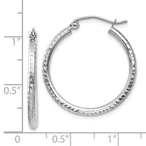 14K White Gold Diamond Cut Round Hoop Textured Earrings 25mm x 2mm