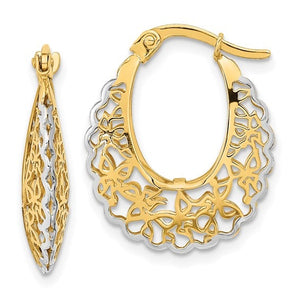 14K Yellow Gold and Rhodium Filigree Ornate Hoop Earrings