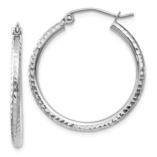 14K White Gold Diamond Cut Round Hoop Textured Earrings 25mm x 2mm