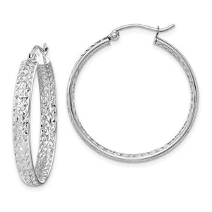 14k White Gold Diamond Cut Inside Outside Round Sparkling Glittering Hoop Earrings