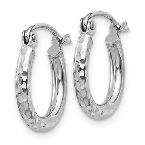 14K White Gold Diamond Cut Round Hoop Textured Earrings 12mm x 2mm