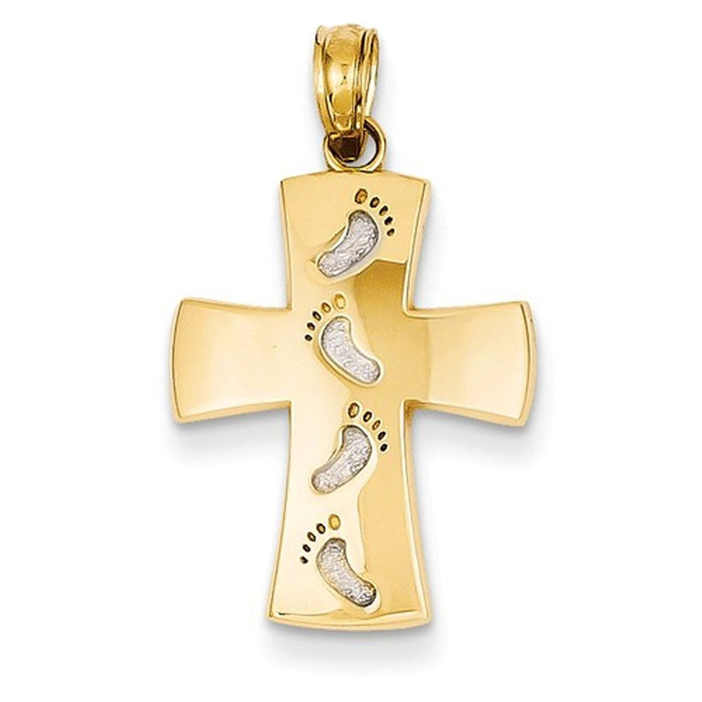 14k Yellow Gold and Rhodium Footprints Cross Pendant Charm - [cklinternational]