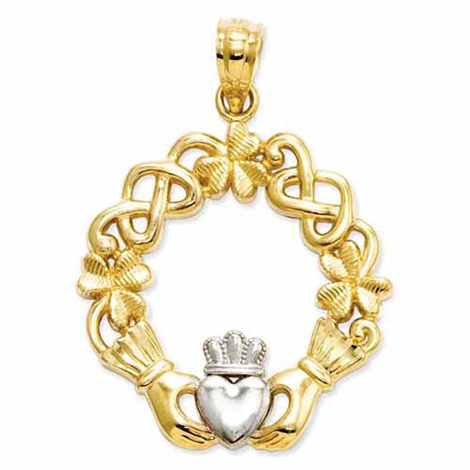 14k Yellow Gold and Rhodium Claddagh Open Back Pendant Charm - [cklinternational]