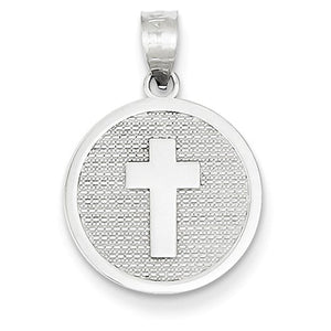 14k White Gold Cross God Bless Round Reversible Pendant Charm