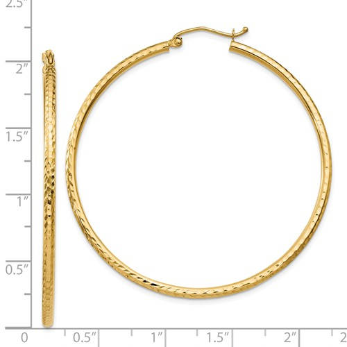 14K Yellow Gold Diamond Cut Round Hoop Textured Earrings 50mm x 2mm