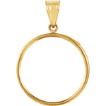 Indlæs billede til gallerivisning 14K Yellow Gold Holds 22.5mm x 1.4mm Coins or Mexican 10 Peso or Mexican 1/4 oz ounce Coin Holder Tab Back Frame Pendant
