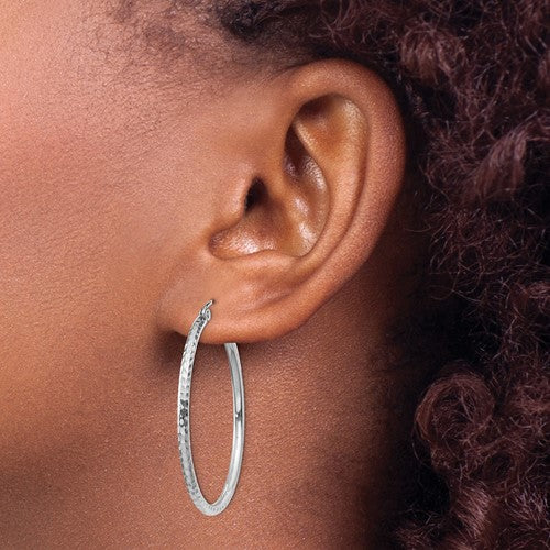 14K White Gold Diamond Cut Round Hoop Textured Earrings 35mm x 2mm
