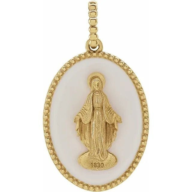 14k Yellow Rose White Gold Enamel Blessed Virgin Mary Miraculous