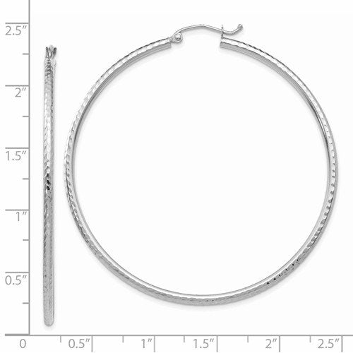 14K White Gold Diamond Cut Round Hoop Textured Earrings 55mm x 2mm