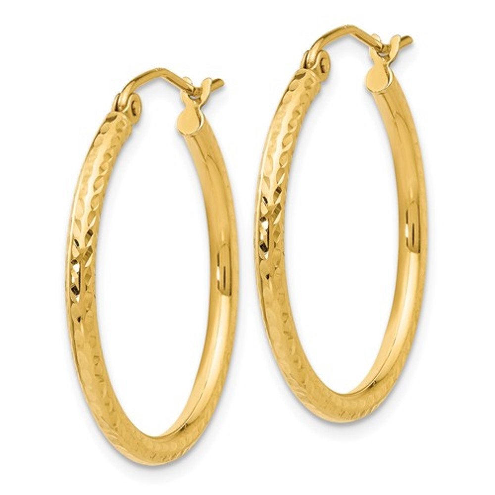 14K Yellow Gold Diamond Cut Round Hoop Textured Earrings 25mm x 2mm