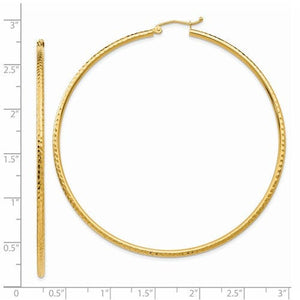 14K Yellow Gold Diamond Cut Round Hoop Textured Earrings 65mm x 2mm