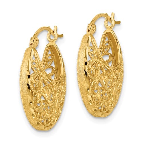 14K Yellow Gold Diamond Cut Filigree Ornate Hoop Earrings