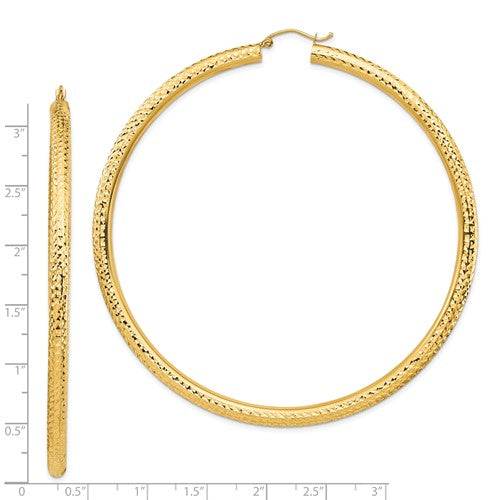 14K Yellow Gold Diamond Cut Classic Round Hoop Earrings Extra Large Diameter 80mm x 4mm