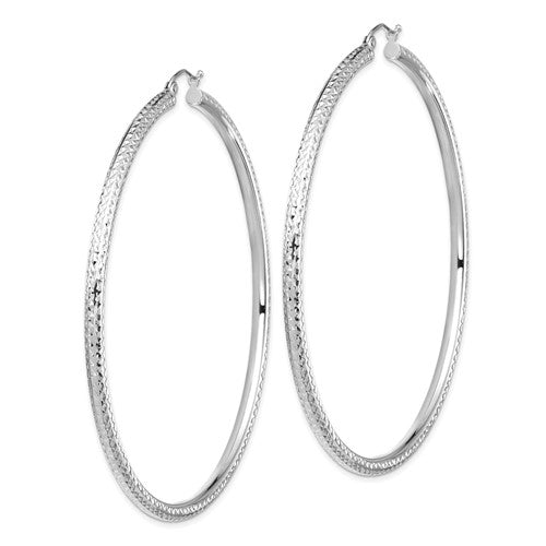 14K White Gold 74mm x 3mm Extra Large Diamond Cut Round Classic Hoop Earrings