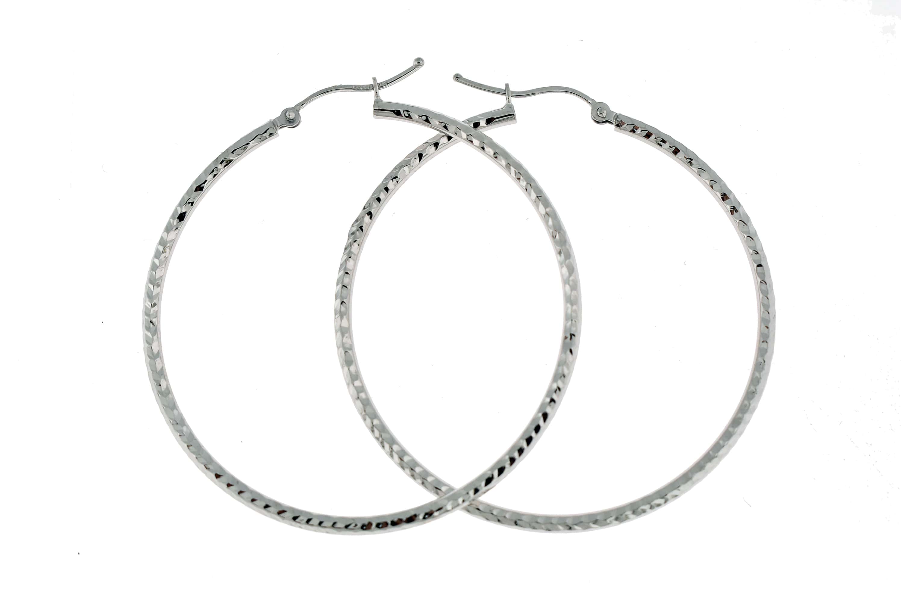 14K White Gold Diamond Cut Round Hoop Textured Earrings 45mm x 2mm