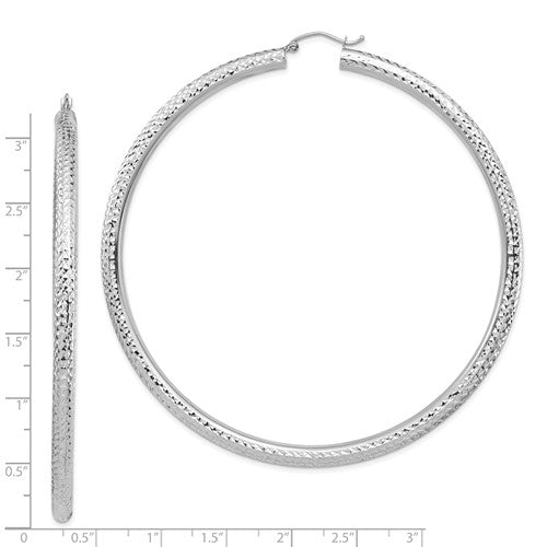 14K White Gold Diamond Cut Classic Round Hoop Earrings Extra Large Diameter 80mm x 4mm