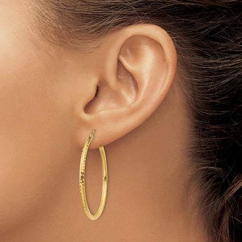 14K Yellow Gold Diamond Cut Round Hoop Textured Earrings 35mm x 2mm