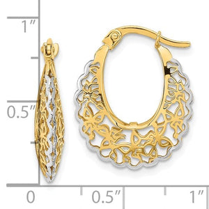 14K Yellow Gold and Rhodium Filigree Ornate Hoop Earrings