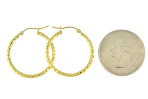 14K Yellow Gold Diamond Cut Round Hoop Textured Earrings 25mm x 2mm