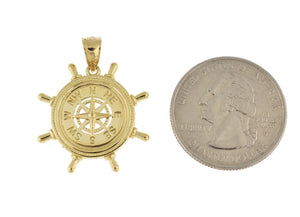 14k Yellow Gold Ship Wheel Nautical Compass Medallion Pendant Charm