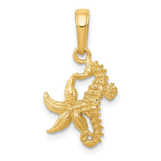 14k Yellow Gold Seahorse Starfish Pendant Charm