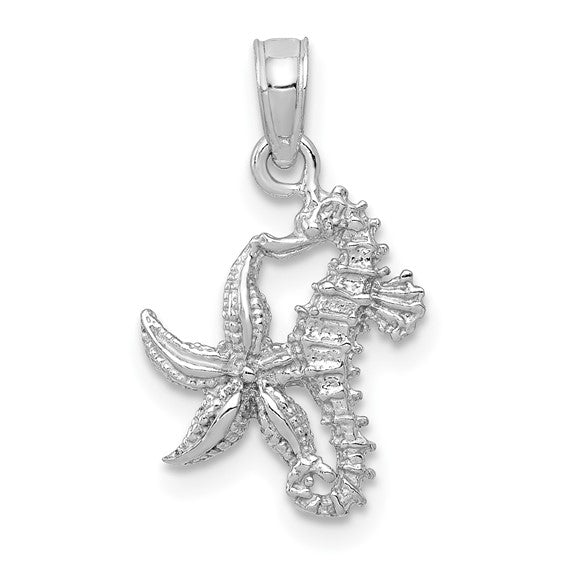 14k White Gold Seahorse Starfish Pendant Charm