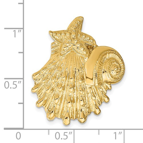 14k Yellow Gold Seashell Clam Scallop Shell Chambered Nautilus Starfish Chain Slide Pendant Charm