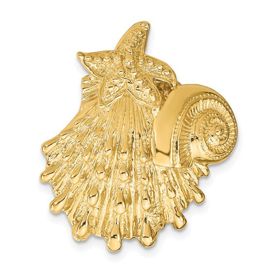 14k Yellow Gold Seashell Clam Scallop Shell Chambered Nautilus Starfish Chain Slide Pendant Charm