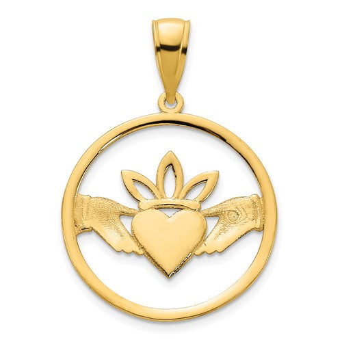 14k Yellow Gold Claddagh Crown Circle Pendant Charm