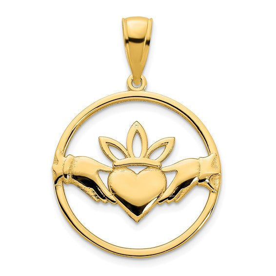 14k Yellow Gold Claddagh Crown Circle Pendant Charm