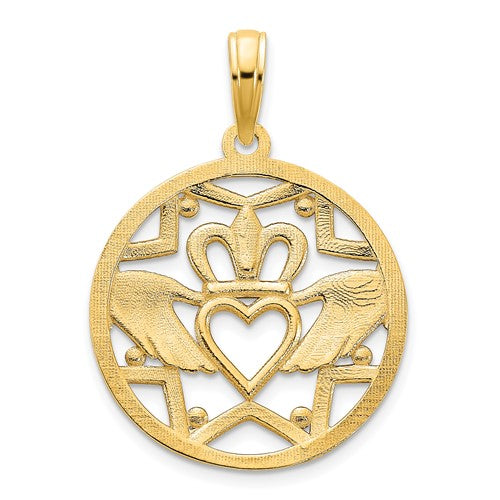 14k Yellow Gold Claddagh Crown Circle Pendant Charm