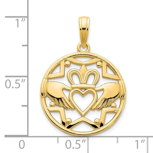 14k Yellow Gold Claddagh Crown Circle Pendant Charm