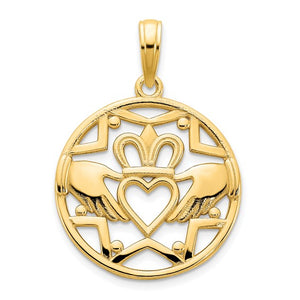 14k Yellow Gold Claddagh Crown Circle Pendant Charm