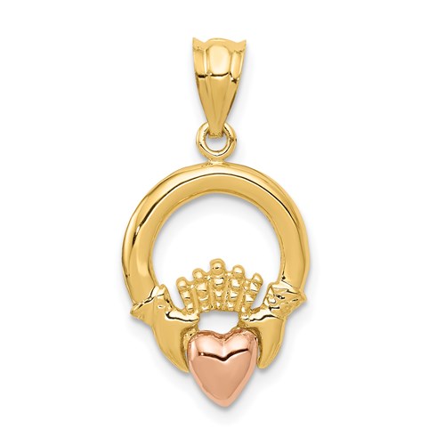 14k Yellow Rose Gold Two Tone Claddagh Crown Pendant Charm