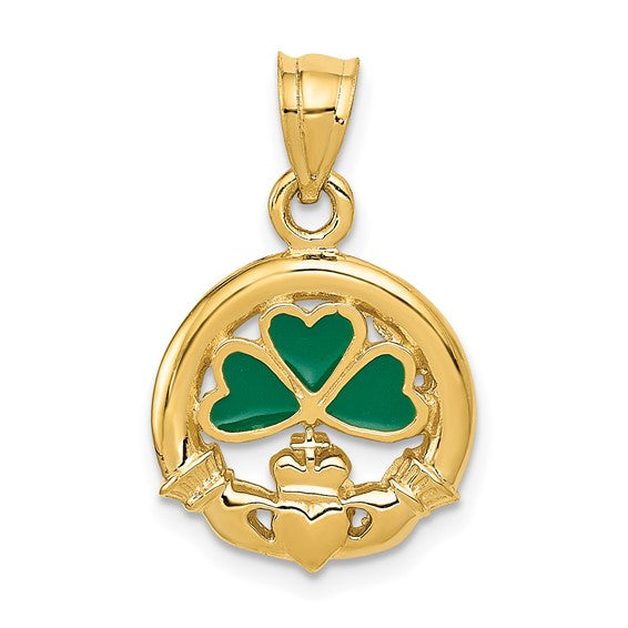 14k Yellow Gold Enamel Claddagh Shamrock Pendant Charm