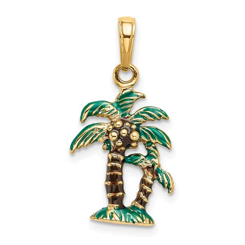 14k Yellow Gold Enamel Palm Trees 3D Pendant Charm