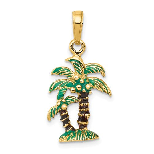 14k Yellow Gold Enamel Palm Trees 3D Pendant Charm