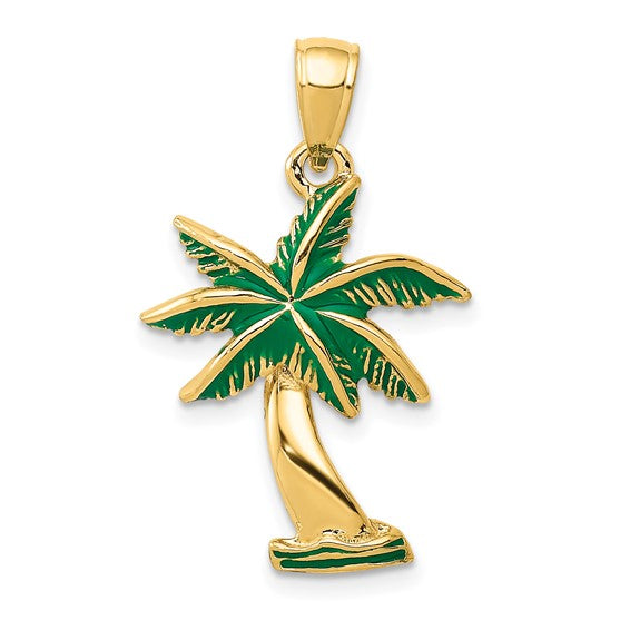 14k Yellow Gold Enamel Palm Tree Pendant Charm