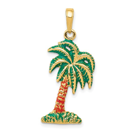 14k Yellow Gold Enamel Palm Tree Pendant Charm