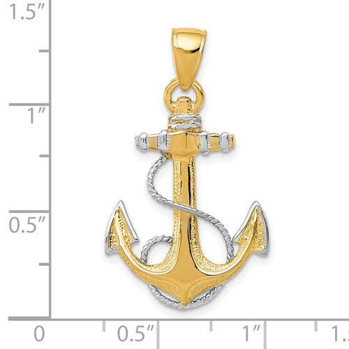 14k Yellow Gold Rhodium Two Tone Anchor with Rope Pendant Charm