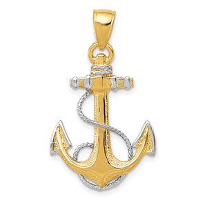 14k Yellow Gold Rhodium Two Tone Anchor with Rope Pendant Charm