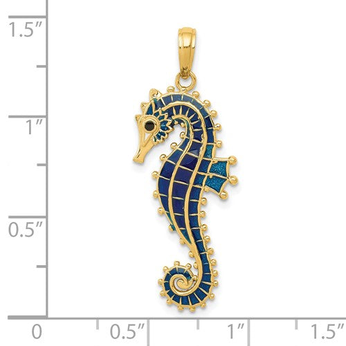 14k Yellow Gold Enameled Seahorse 3D Pendant Charm